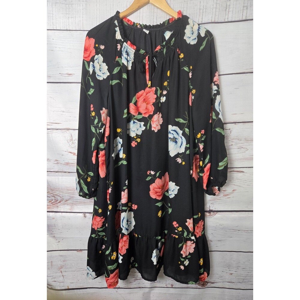 Old Navy Womens Dress Size XL Black Floral Long Sleeve Shift Ruffle Hem Lined